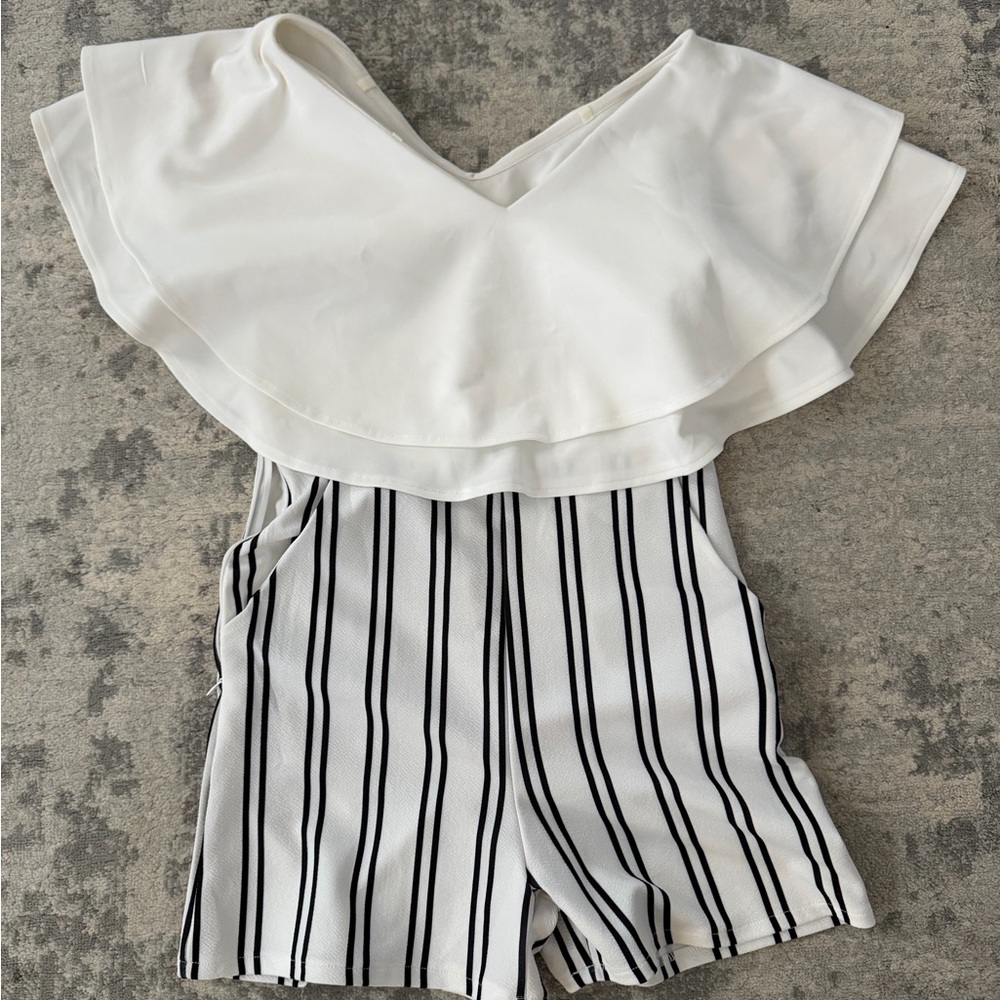 Adorable White Ruffled Romper with Striped Shorts